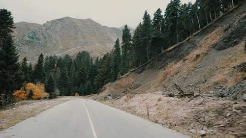 Estrada sinuosa que atravessa o vale da floresta cercada por picos de montanhas nubladas