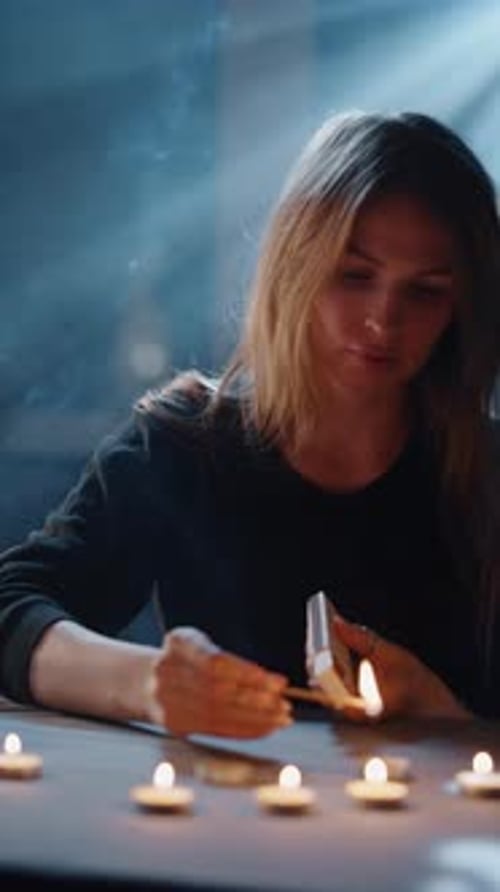 Woman Lighting Candles in a Dark Room