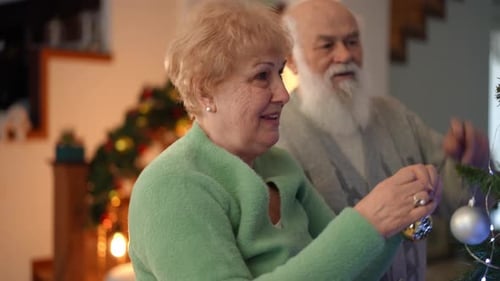 Elderly Couple Decorating Christmas Tree at Home
