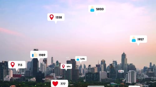 Social Media Icons Fly Over City Downtown Showing People Reciprocity Connection