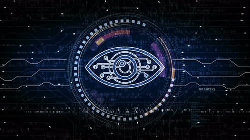 Cyber eye espionage big brother and hacking symbol loop digital concept