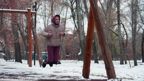 Lady Enjoying Swing on Snowy Winter Day in Park with Snowy Background