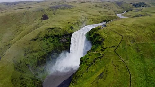 Aerial view of Skogafoss Waterfall, Iceland.