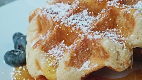 Powdered Sugar Sprinkled on Delicious Waffles with Blueberries