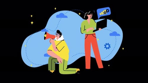 Illustration of a person with a megaphone and another working on a laptop
