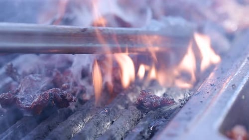 Closeup Shot of Roasted Red Meat Cooking on Open Fire Barbecue Grill