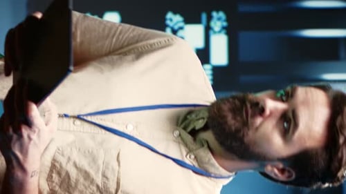 Man Using Tablet in Futuristic Workplace Environment