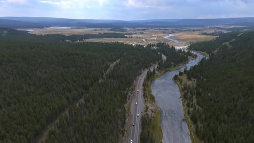 Beautiful Aerial Scenic Views of the Yellowstone National Park Forests and Rivers