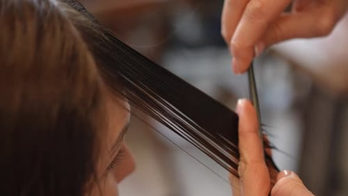 Vista de ángulo alto: primer plano: peinar un mechón de cabello en cámara lenta, corte, primer plano, irreconocible