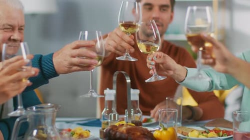 Family Gathered Around Table Toasts with Wine