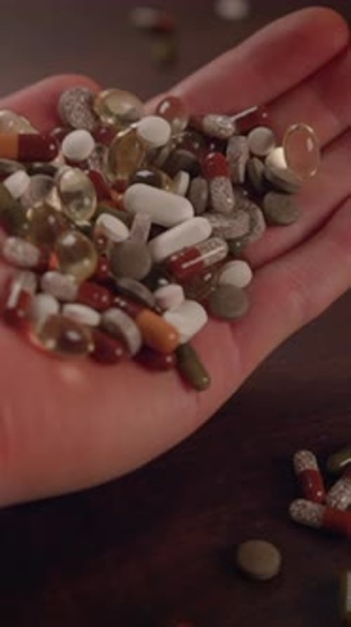Assorted Supplements Poured from Hand onto Surface