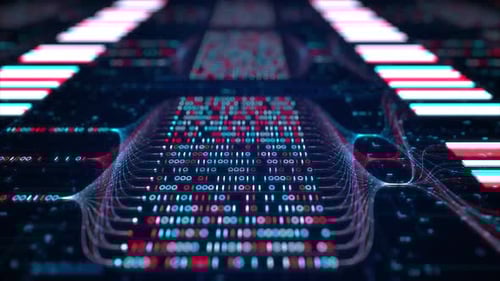 Visualisierung großer Datenflüsse in neuronalen Netzwerken, Binärmatrixcode aus Nullen und Einsen, KI, maschinelles Lernen