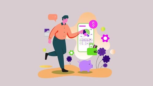 Flat Design Animation of Man Managing Finances on Mobile App