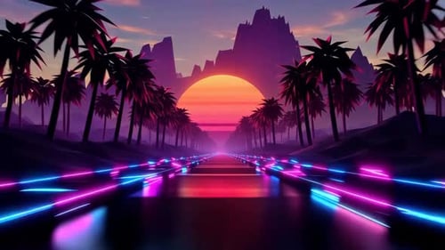 Retrowave Palm Trees Neon Road Sunset 80s Style Animation