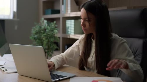 Caucasian Woman Business Manager Office Worker Girl Businesswoman at Desk Working with Laptop and
