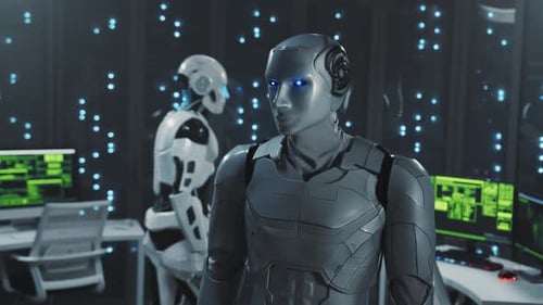 Dos robots en una habitación oscura, uno con ojos azules brillantes navega por la tecnología