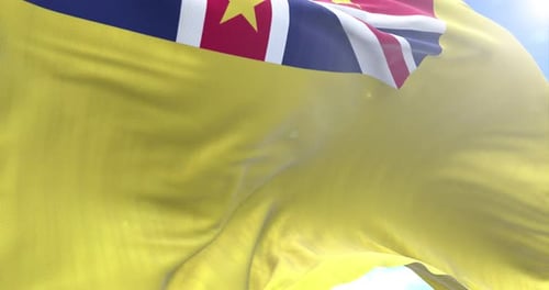 Realistic Niue Flag Waving Against Blue Sky Animation