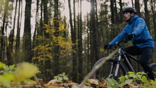 Young Man Riding Bicycle Outside in Autumn Nature