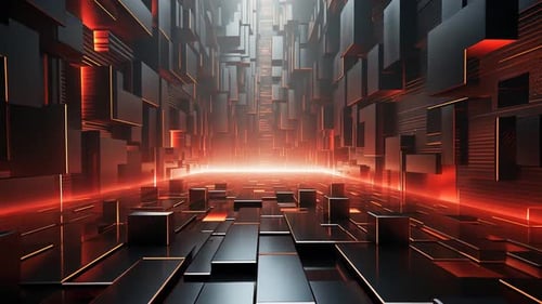 Futuristic corridor with glowing red accents. Complex structure of interconnected cubes