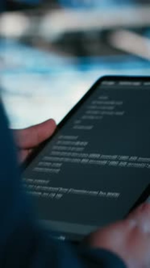 Vertical Video Close Up of Data Center Engineer Using Tablet to Write Code