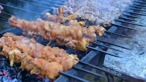 Hähnchen und Fleisch auf einem offenen Feuer grillen