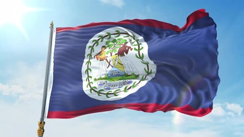 Belize Flag Waving in Realistic Slow Motion with Blue Sky Background