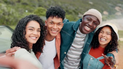 Selfie, friends and outdoor on mountain for road trip or adventure, peace sign