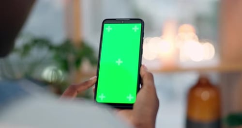 Person, smartphone screen and green mockup for social network, online user