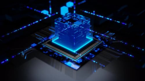 Futuristic Blue Glowing CPU with Digital Data Flow