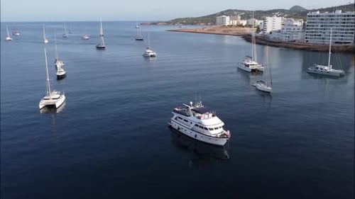 4k drone shot of yachts in ibiza marina, Spain