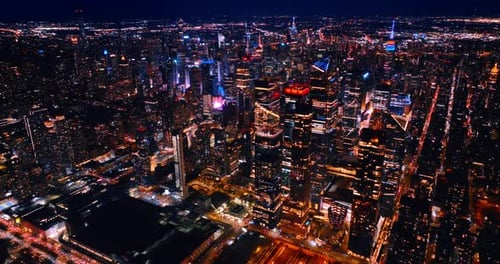Amazing neon illumination of skyscrapers in New York downtown at night.