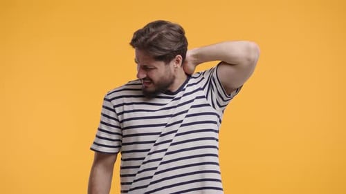 Tired Casual Man Feeling Pain In Neck Joint Massaging Muscles Rubbing Head
