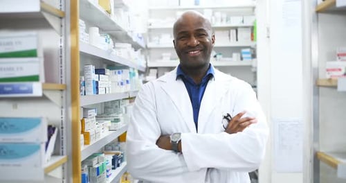 Happy black man, pharmacist and thumbs up for pharmaceutical success in healthcare