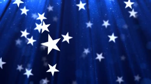 Sparkling White Stars Falling on Blue Light Rays Background