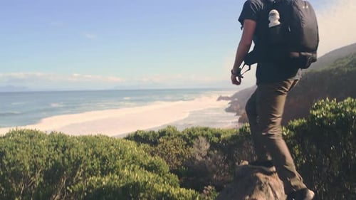 Man, hiking view and mountain for exercise, trail and path on adventure