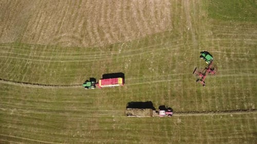 The Farmer Speeds Up the Drying of the Hay By Moving the Harvested Hay with the Help of a Tractor
