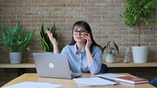 Middleaged Business Woman Sitting at Desk with in Office Talking on Phone