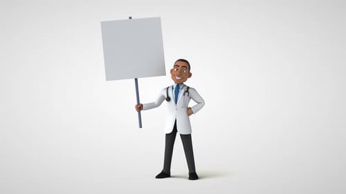 Animated 3D Doctor Character Holding Blank Sign and Presenting