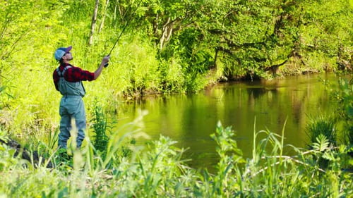 Fly fishing. Angler fishing on the bushy coast and casts the line downstream the narrow creek