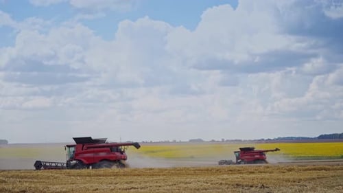 Agricultural machinery working on the yellow field.