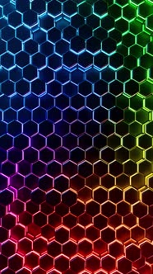 Un fondo colorido con un patrón de hexágonos. Animación en bucle vertical