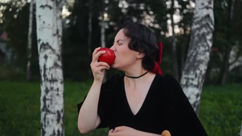 Uma mulher vestida elegantemente de preto segurando uma maçã vermelha brilhante aninhada entre altas bétulas com