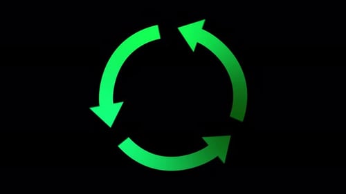 Rotating animation of green recycle symbol on black background. Alpha channel included