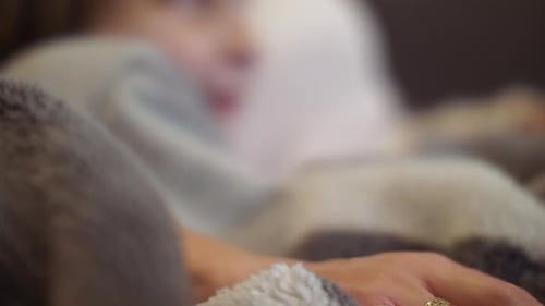 Cute boy cuddling with mother at home during weekend family entertainment