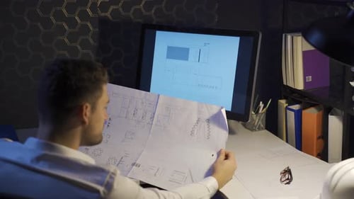 Male architect completes interior design drawings of a shop in his night office.