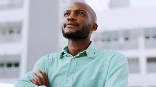 Thinking, business and face of black man in city for success, goals and ambition mindset in urban