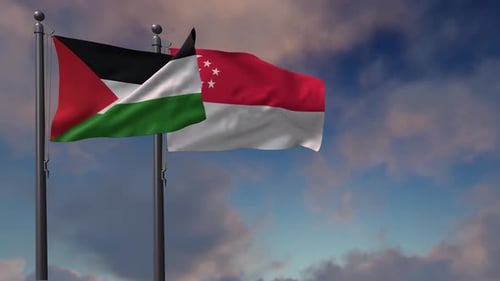 Palestine and Singapore Flags Waving Together in Sky
