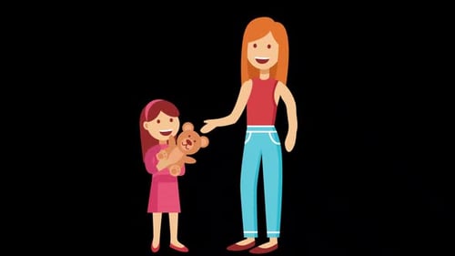 Little Girl Buying A Teddy Bear From A Toy Store With Her Mother Alpha Channel