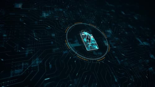 Blue battery logo electrical power concept and futuristic technology circle HUD with circuit board