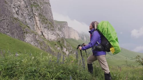 Hiking Tourism Adventure Backpacker Hiker Woman Looking at Beautiful View Hiker Girl Lady Tourist